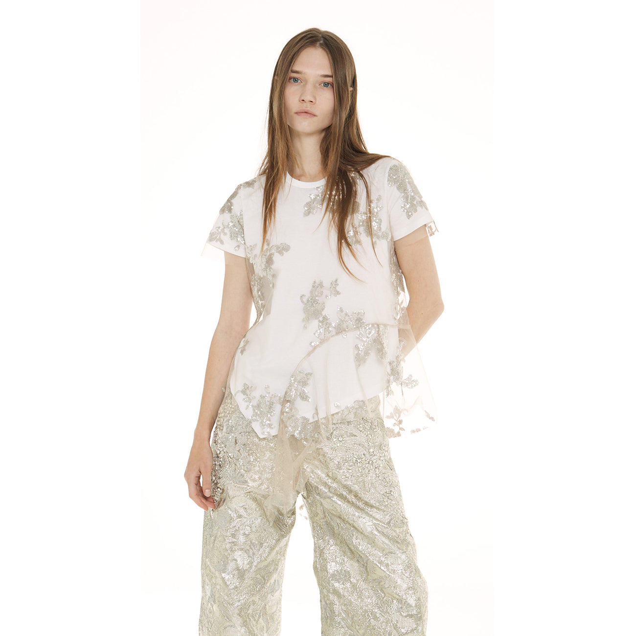 ASYMMETRIC PEPLUM TOP WITH SEQUINS TULLE OVERLAYER – BRUNI