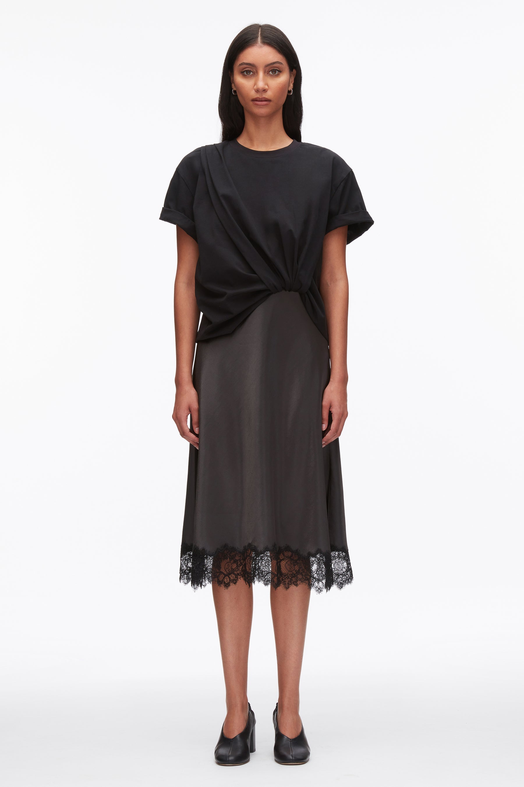 chinese dress ladies DRAPED COMBO T-SHIRT DRESS WITH LACE TRIM – BRUNI