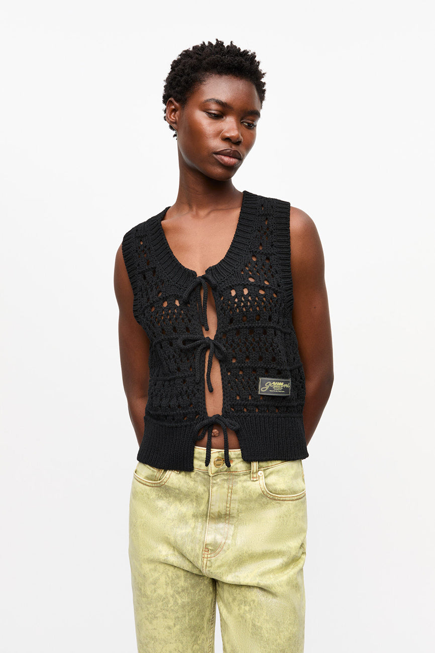 【送料&関税込】Ganni Crochet Knit Vest GANNI logo-jacquard Crochet Sweater Vest | Green | FARFETCH