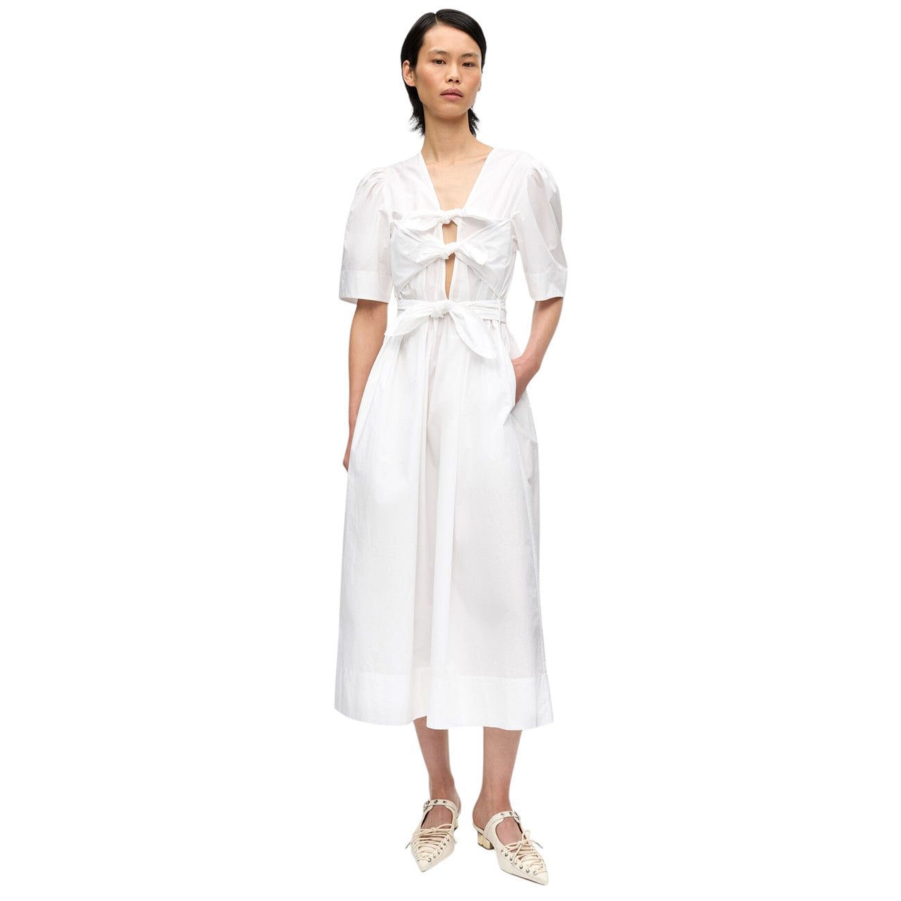 STRETCH COTTON TIE STRAP MIDI DRESS