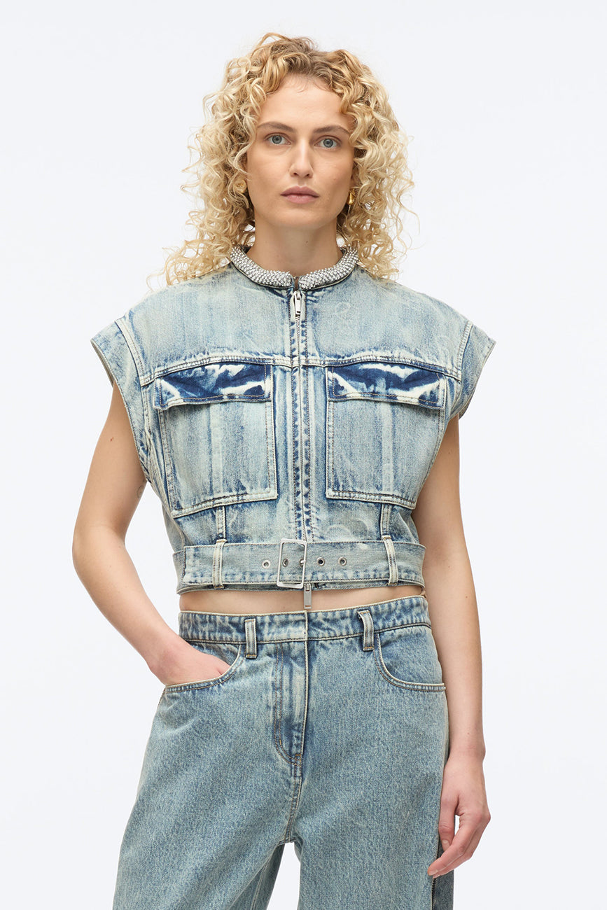 DENIM VEST WITH CRYSTAL NECKLACE
