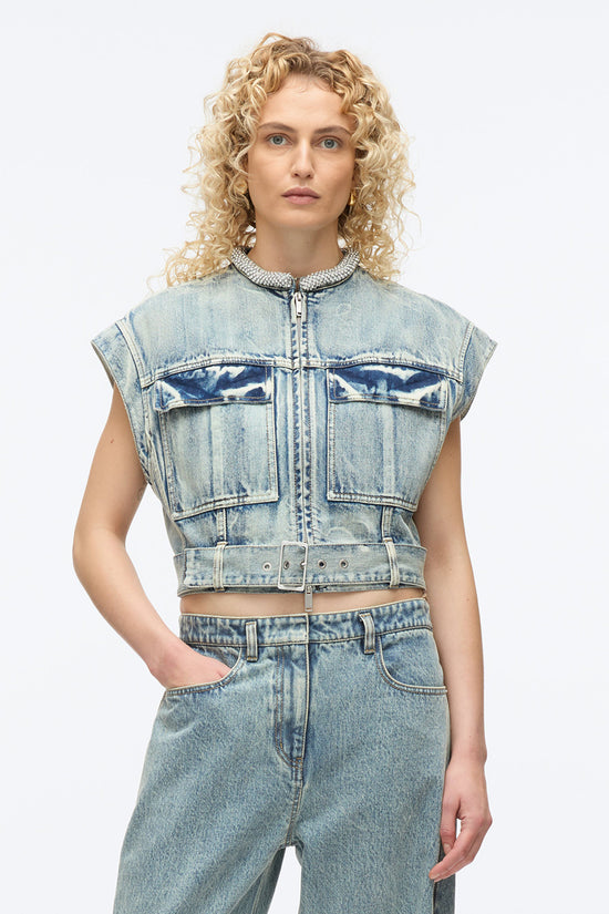 DENIM VEST WITH CRYSTAL NECKLACE