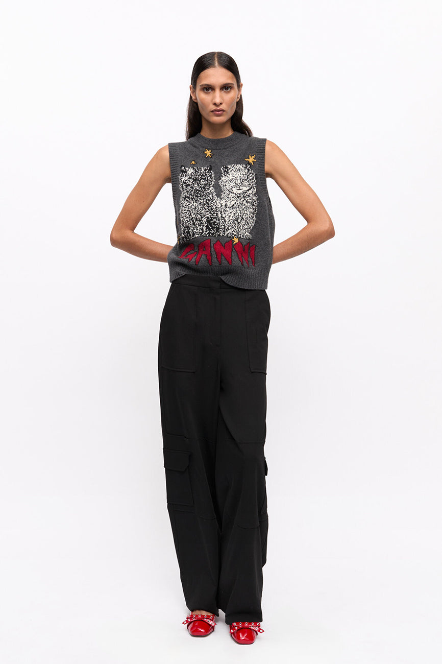 BLACK TWILL SUITING CARGO PANTS