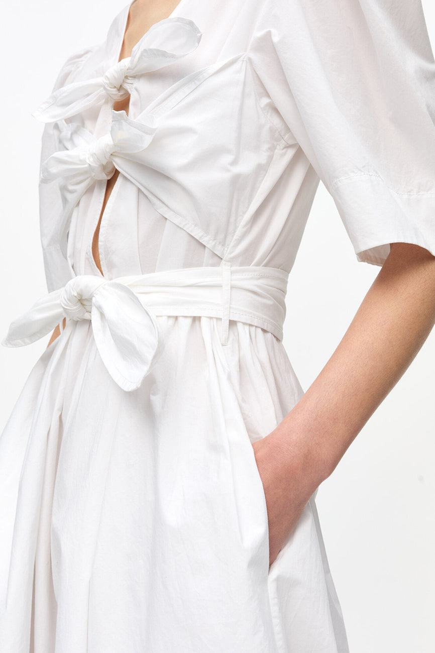 STRETCH COTTON TIE STRAP MIDI DRESS