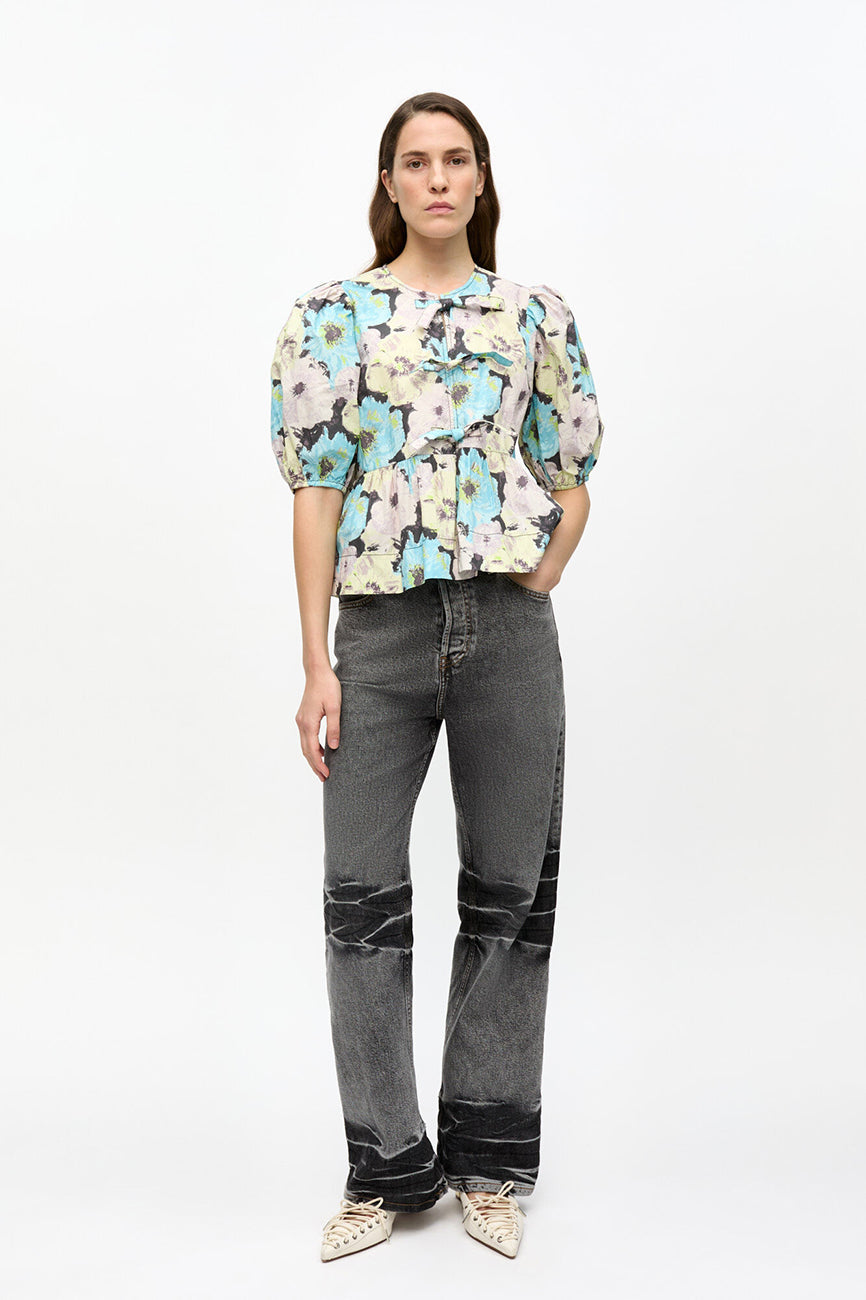 FLORAL PRINTED COTTON PEPLUM BLOUSE