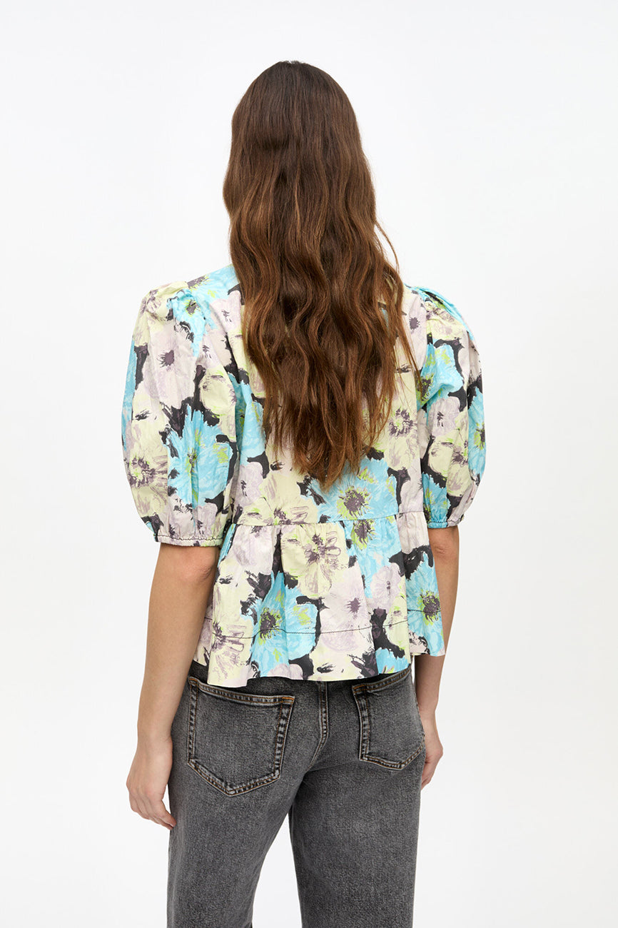 FLORAL PRINTED COTTON PEPLUM BLOUSE