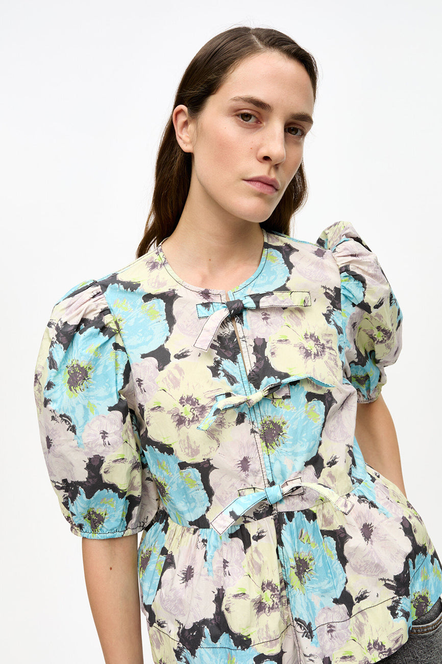 FLORAL PRINTED COTTON PEPLUM BLOUSE