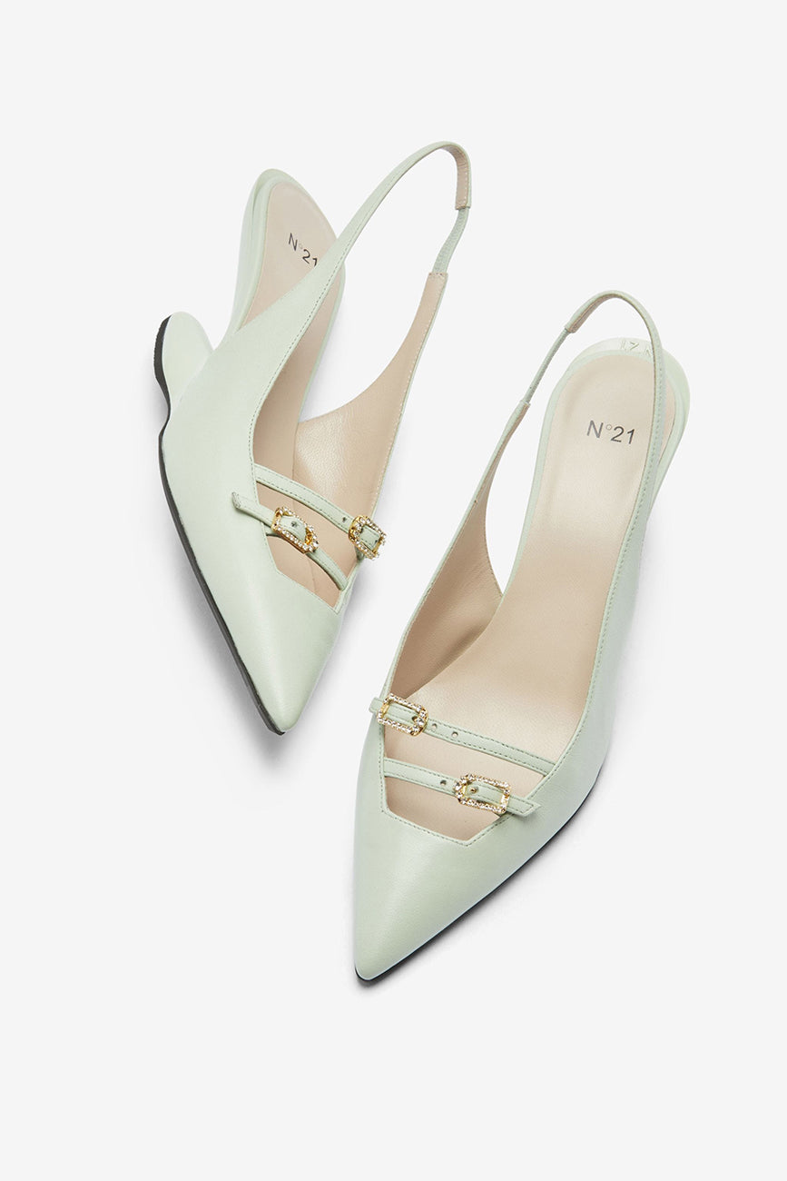 CRYSTAL-BUCKLE LEATHER PUMPS