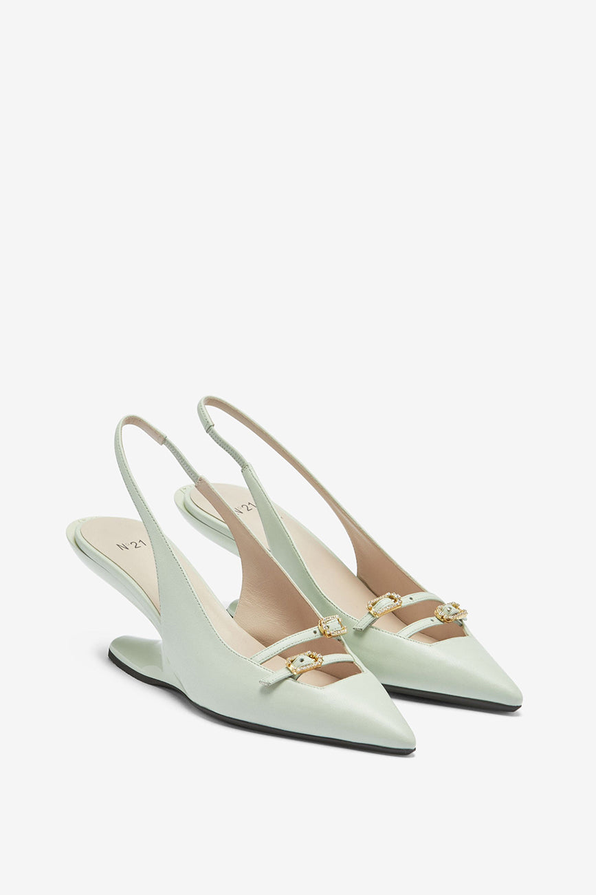 CRYSTAL-BUCKLE LEATHER PUMPS