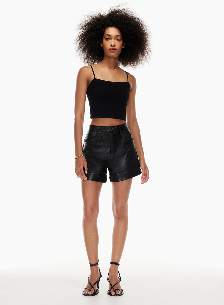 RECYCLED LEATHER ANGLED HEM SHORT
